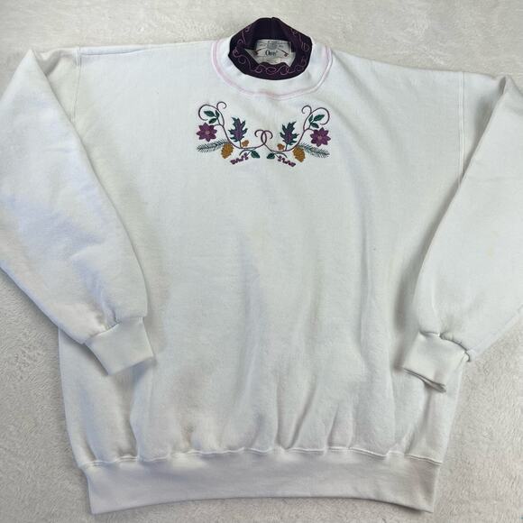 Orvis Vintage Double Neck Floral Embroidered Sweatshirt Size Large USA - Picture 1 of 7